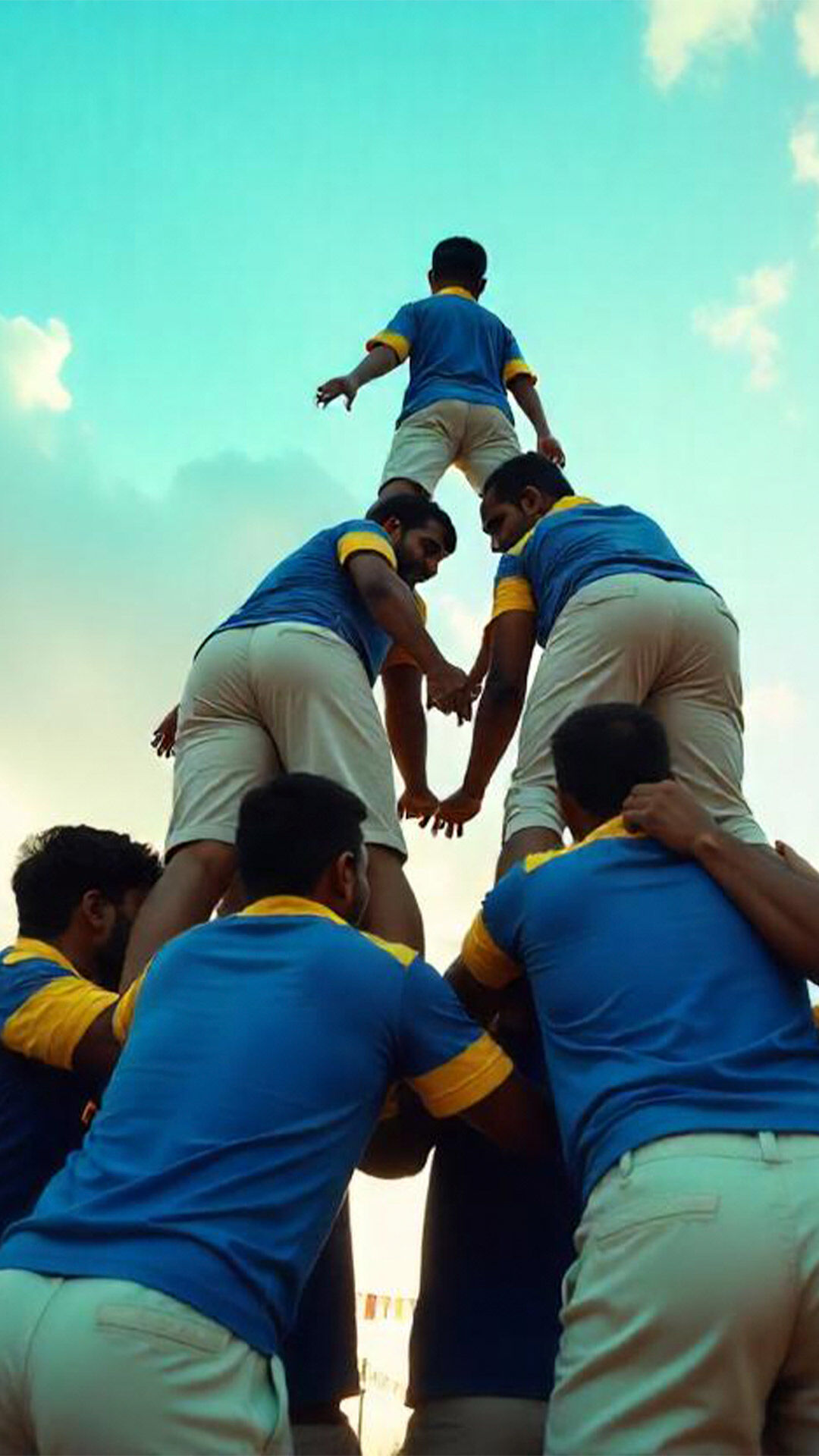 Team of men forming a human pyramid during Dahi Handi celebration under a clear sky, wearing blue and yellow uniforms.